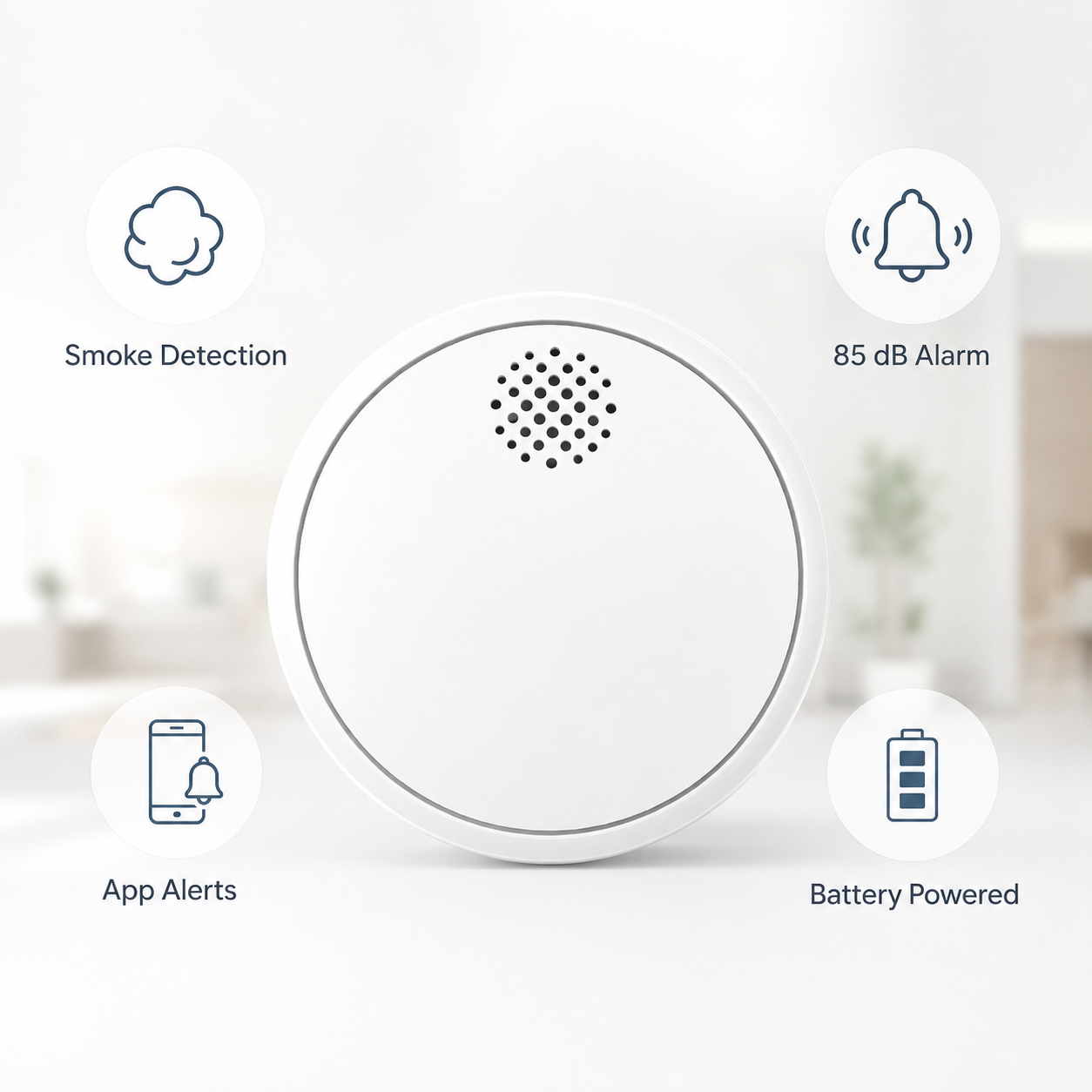 Feature overview for smart smoke detector with smoke detection alarm app alerts and battery power