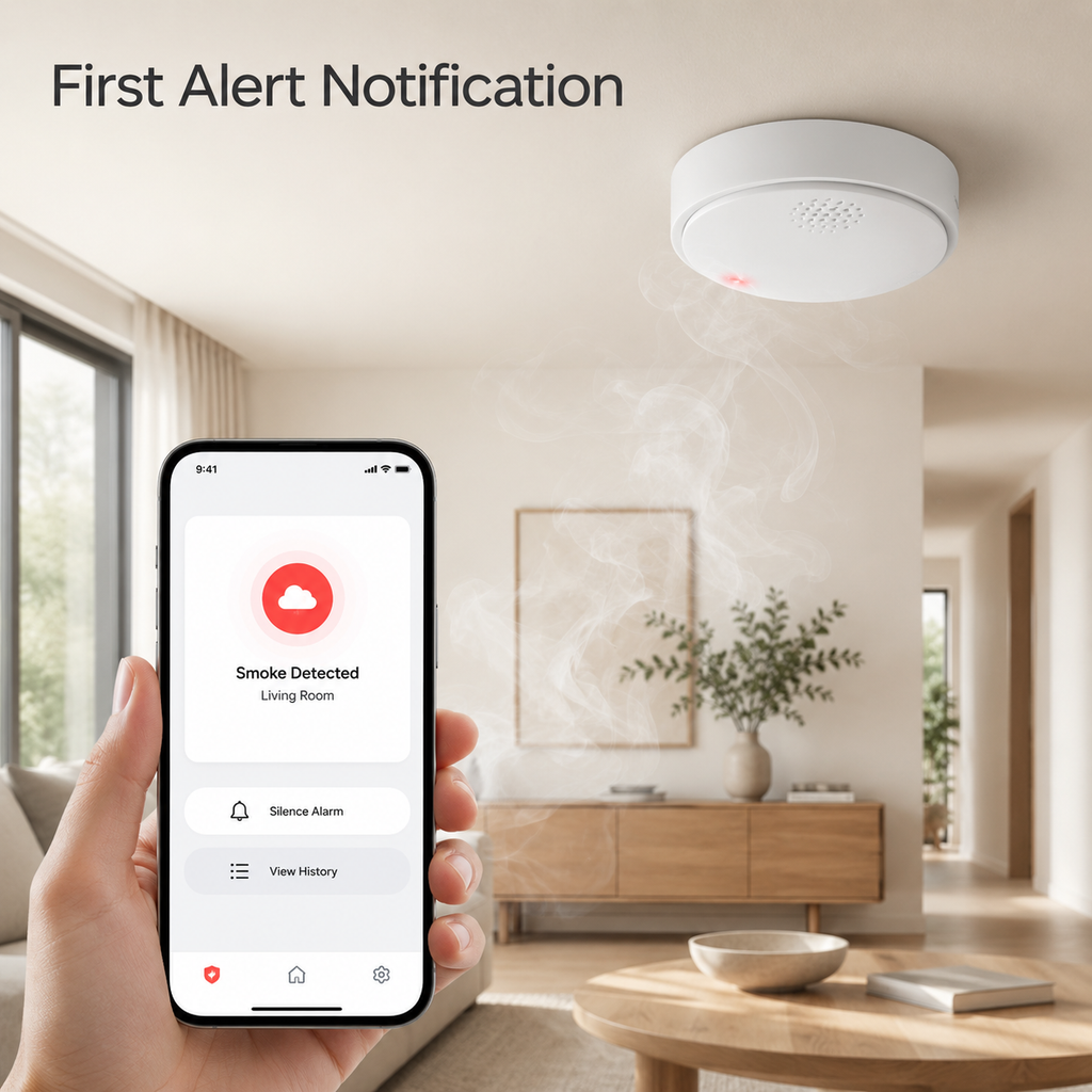 First smoke alert notification displayed on a generic smartphone in a home scene