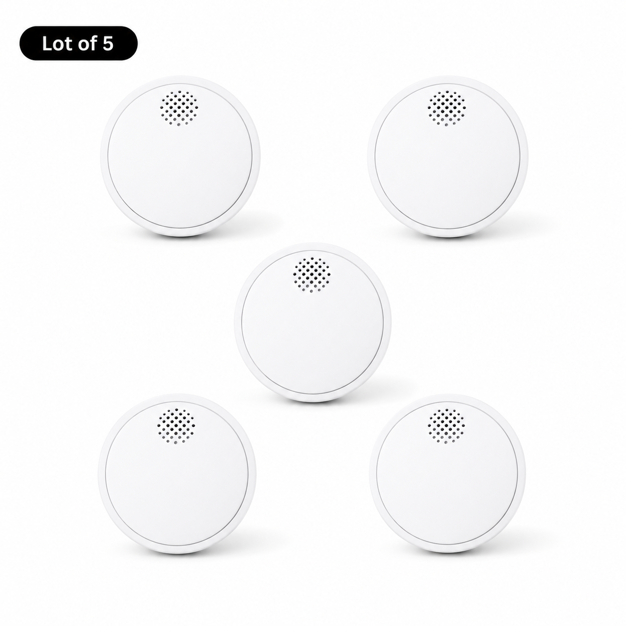 Lot of 5 variant packshot with five white smart smoke detectors