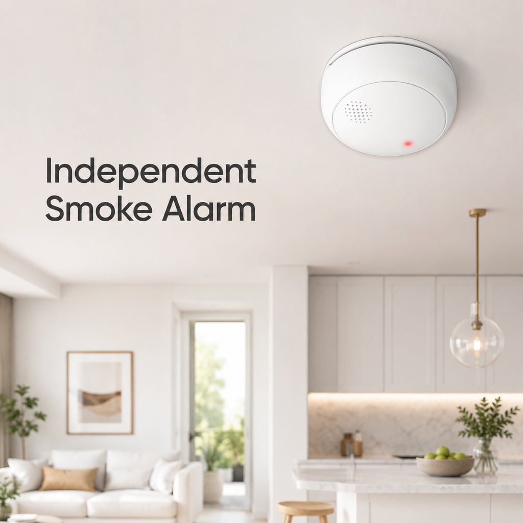 Ceiling mounted smart smoke alarm in a modern home interior