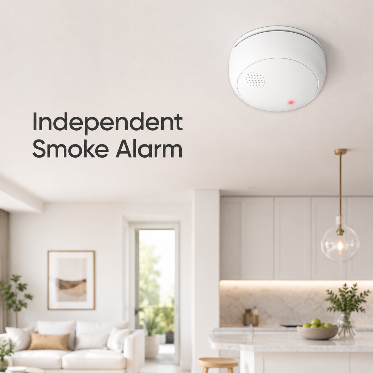 Ceiling mounted smart smoke alarm in a modern home interior