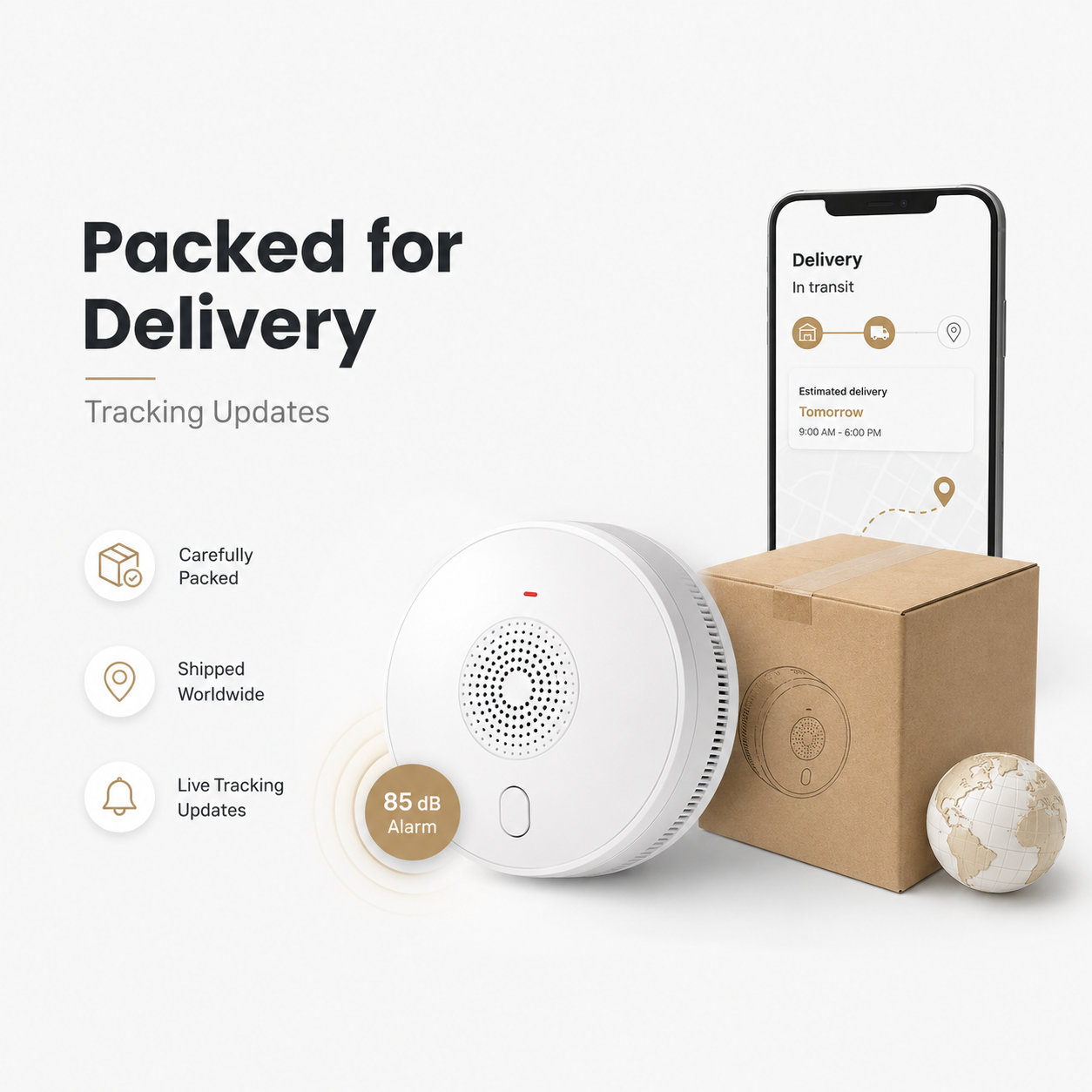 Packed for delivery visual with smoke detector and generic tracking updates