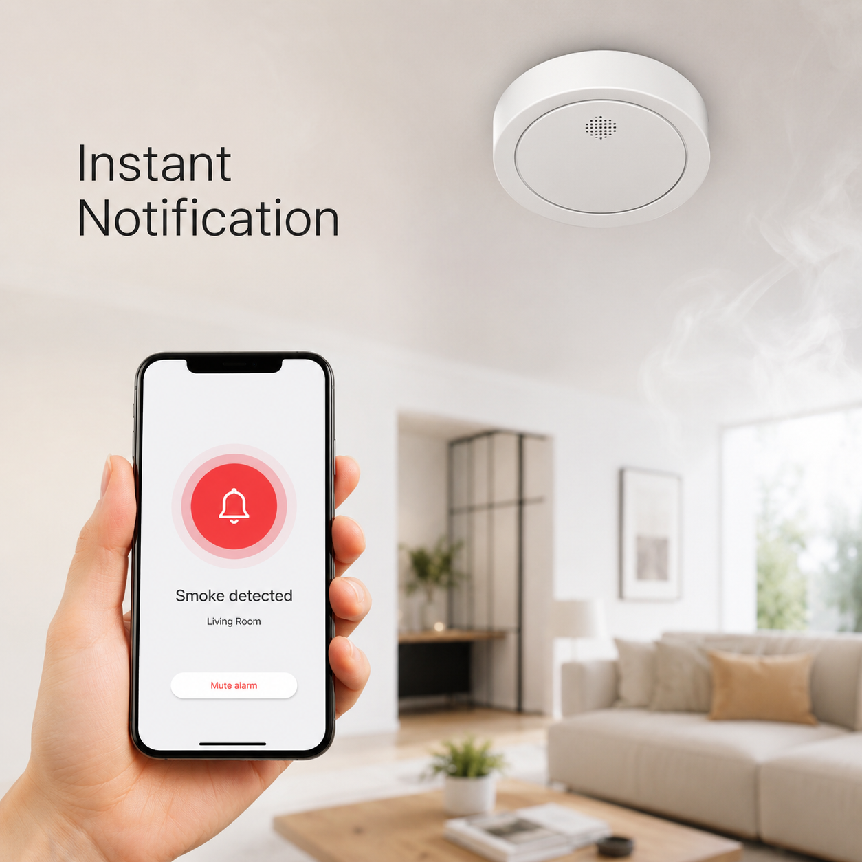 Instant smoke notification on a generic phone with detector in home background