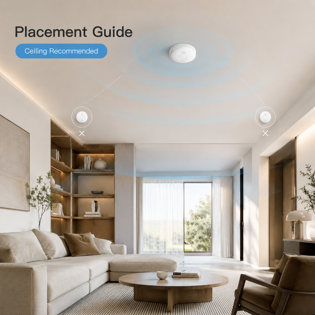 Placement guide visual for ceiling mounted smart smoke detector