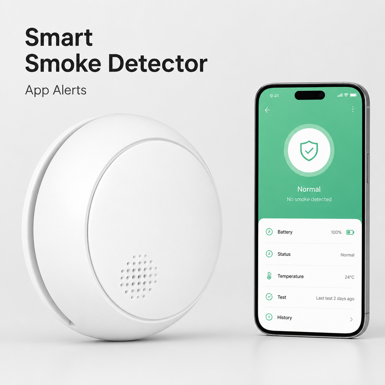Smart smoke detector with generic app alert overview on phone