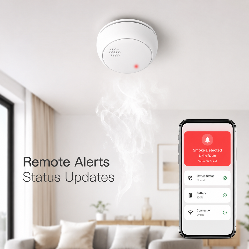 Remote smoke alert notification shown on a generic smartphone interface