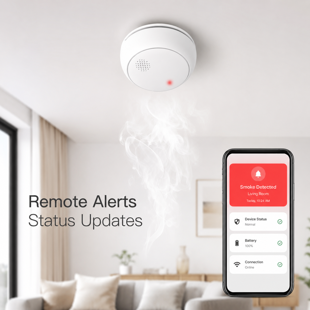 Remote smoke alert notification shown on a generic smartphone interface