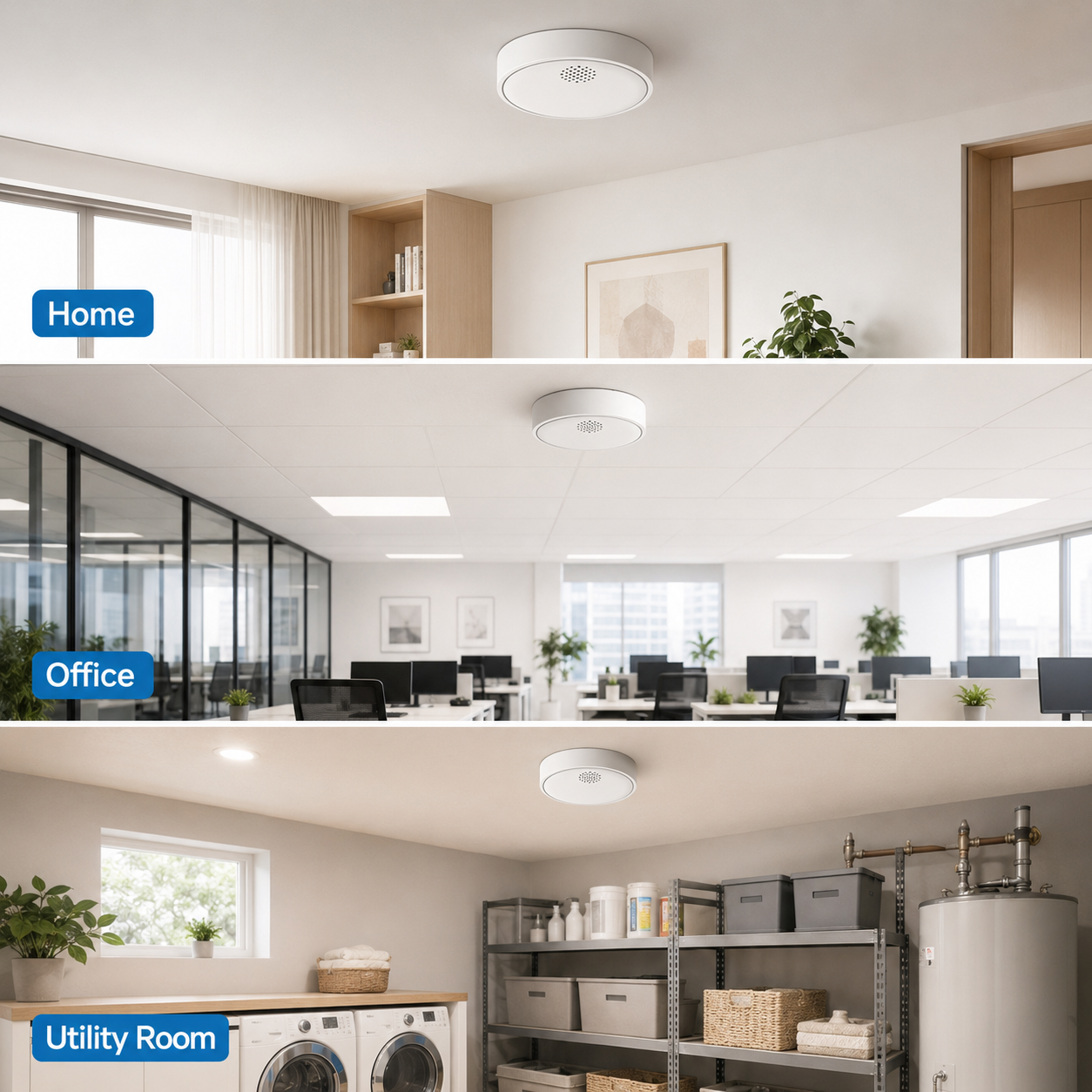 Smart smoke detector application areas for home office and utility room