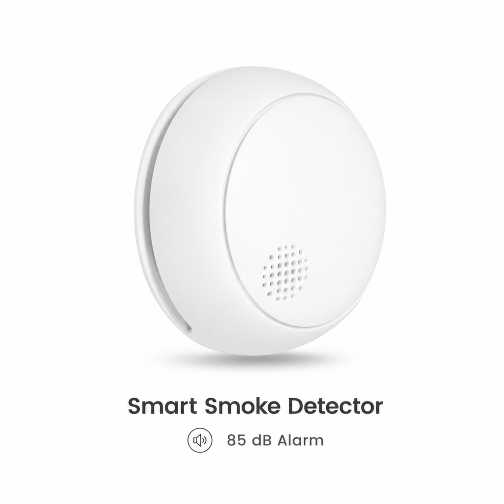Studio packshot of white ZigBee smart smoke detector with 85 dB alarm