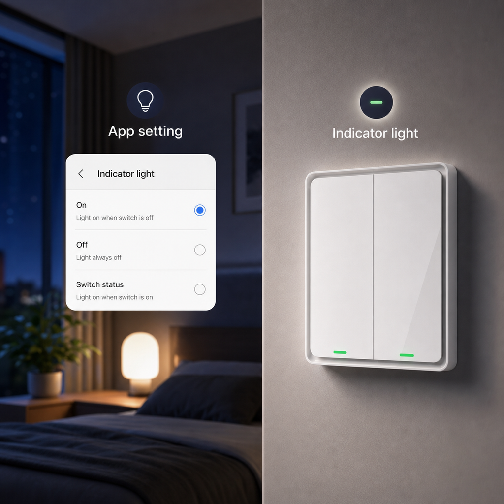 NéoSoft Bluetooth Comfort tactile switch with configurable indicator light in a modern bedroom