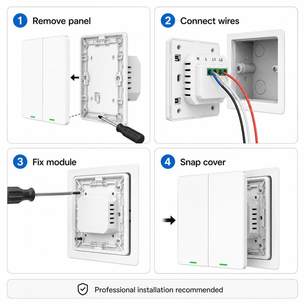 Four step installation overview for NéoSoft Bluetooth Comfort tactile wall switch