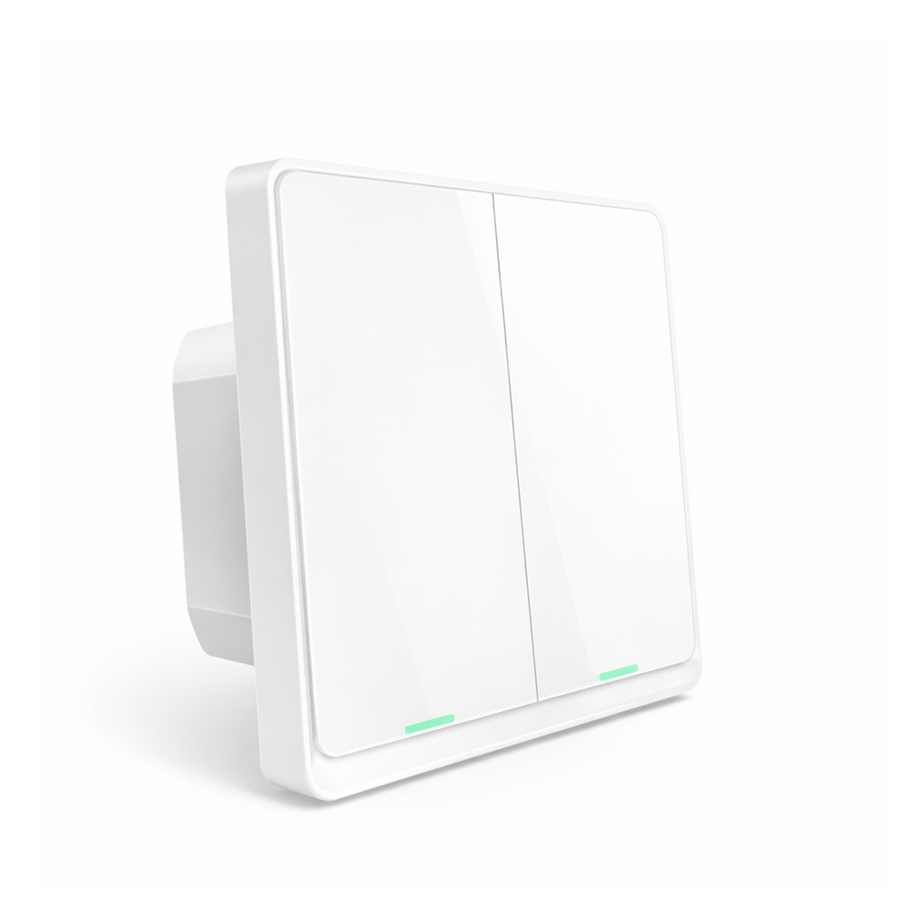Interrupteur tactile NéoSoft Bluetooth Comfort blanc deux canaux sur fond blanc.