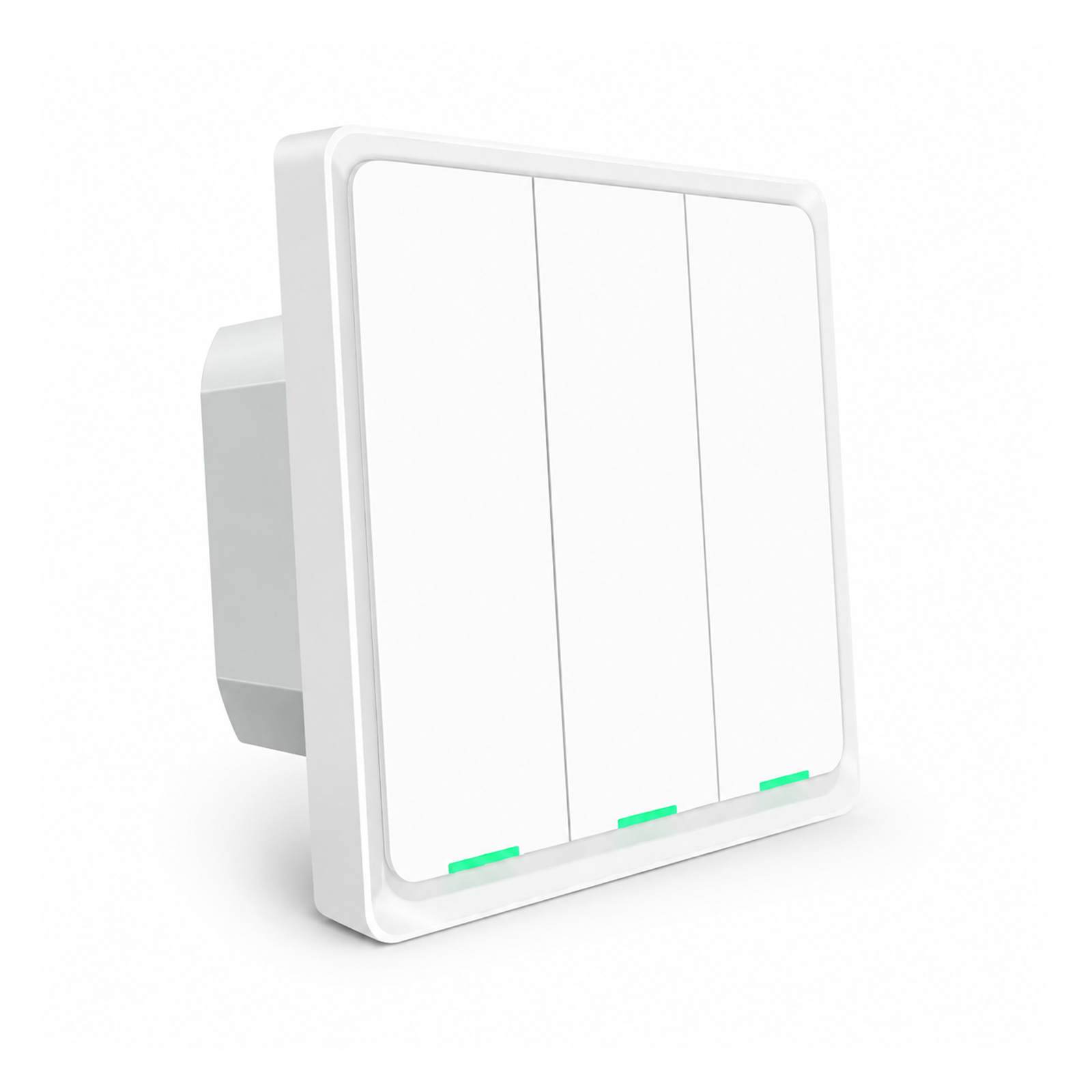 Interrupteur tactile NéoSoft Bluetooth Comfort blanc trois canaux sur fond blanc.
