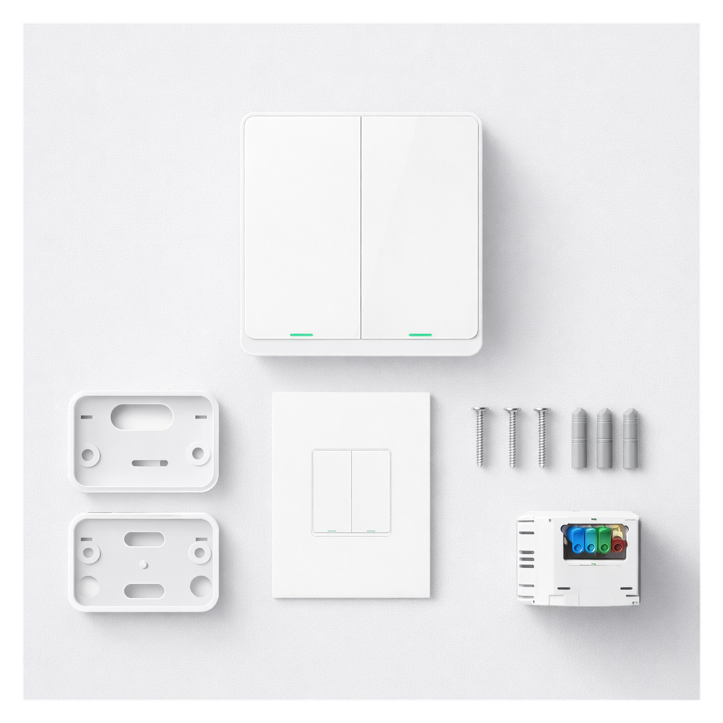 Kit d’installation de l’interrupteur tactile NéoSoft Bluetooth Comfort sur fond blanc.
