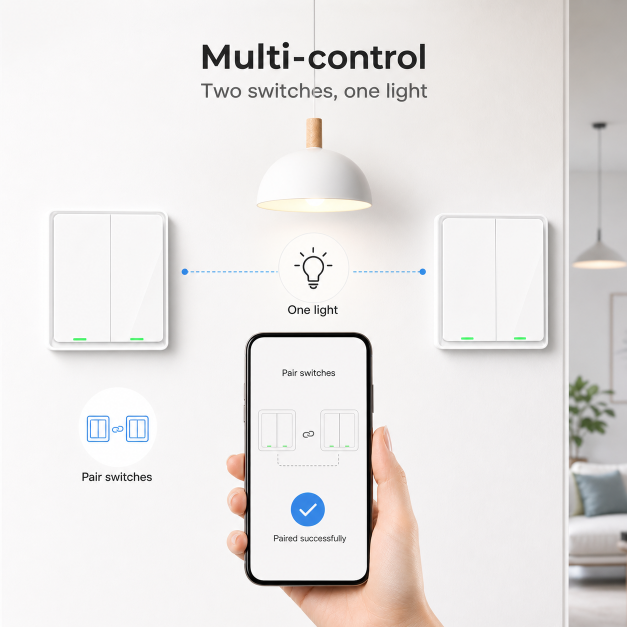 NéoSoft Bluetooth Comfort multi-control setup with two switches controlling one light