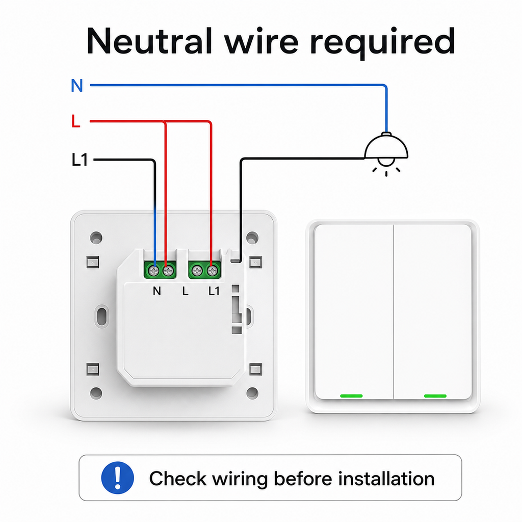 Neutral wire wiring diagram for NéoSoft Bluetooth Comfort tactile light switch