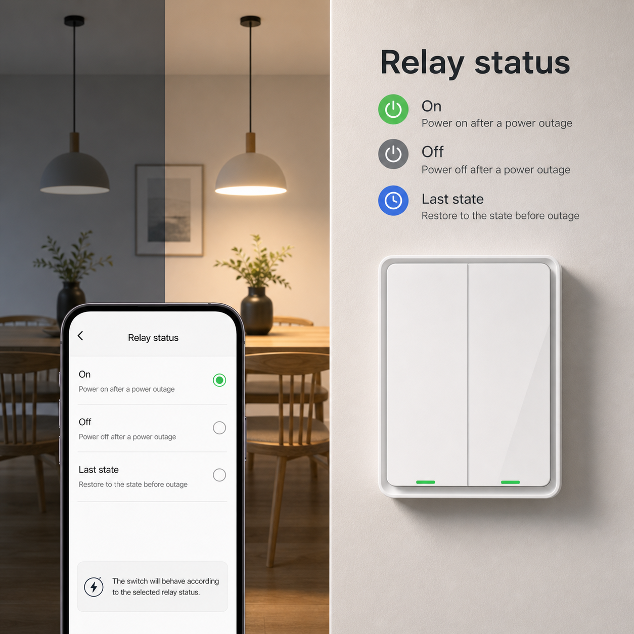 Relay status options for NéoSoft Bluetooth Comfort tactile switch in a modern room