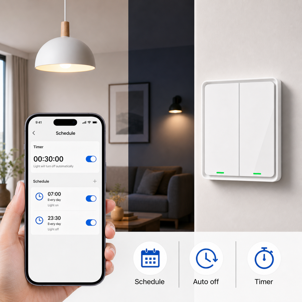 Schedule and timer control screen for NéoSoft Bluetooth Comfort tactile switch