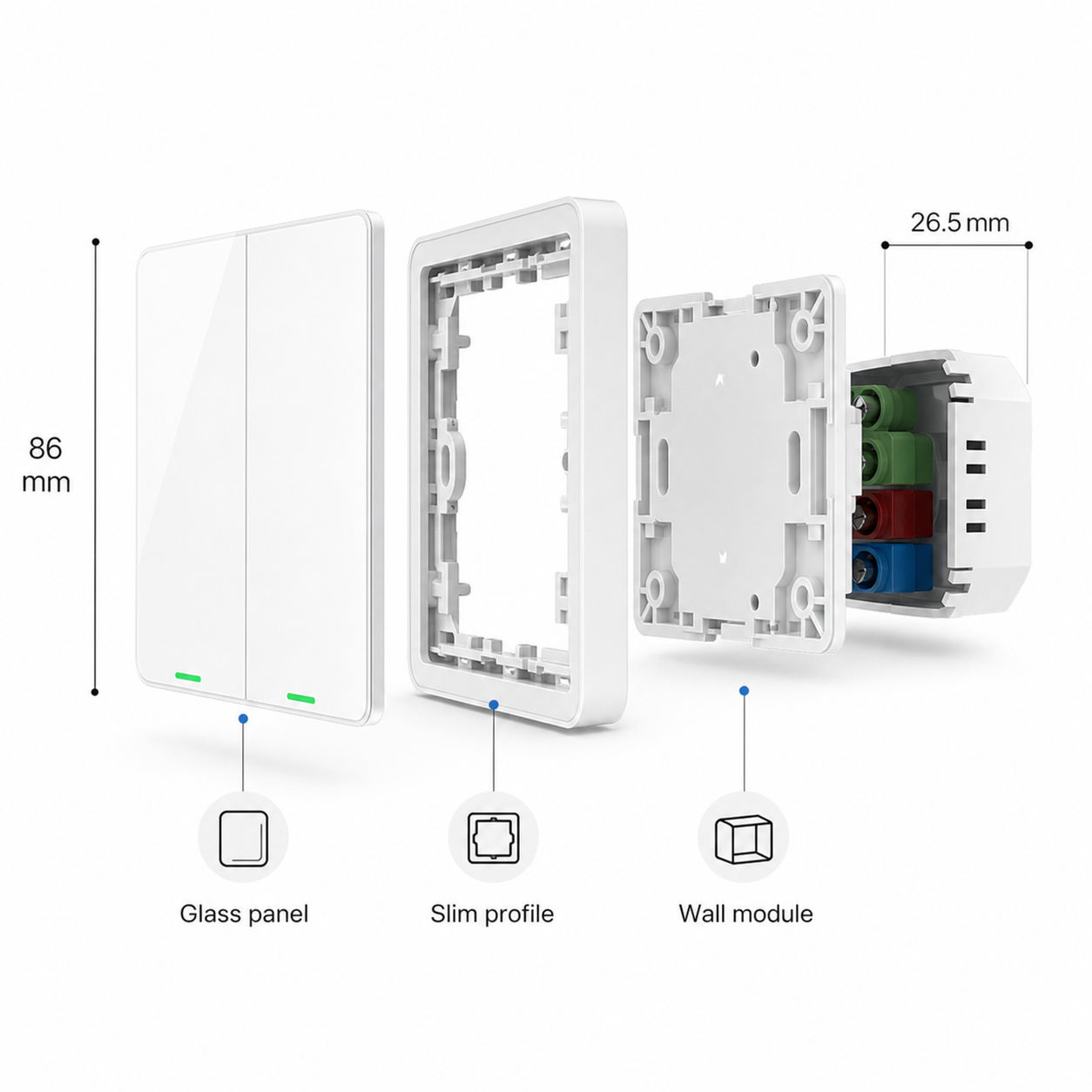 Exploded technical profile of NéoSoft Bluetooth Comfort tactile wall switch