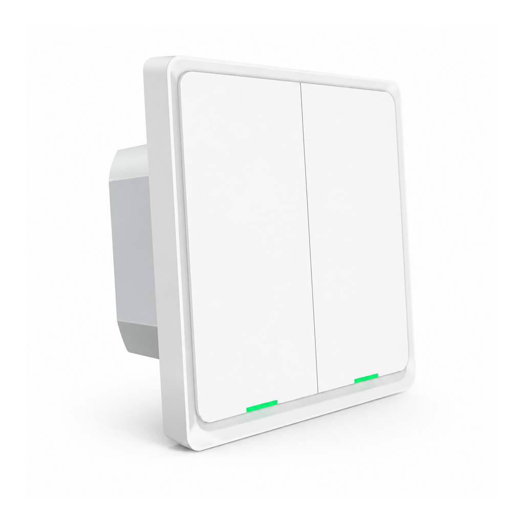 Vue en angle de l’interrupteur tactile NéoSoft Bluetooth Comfort sur fond blanc.