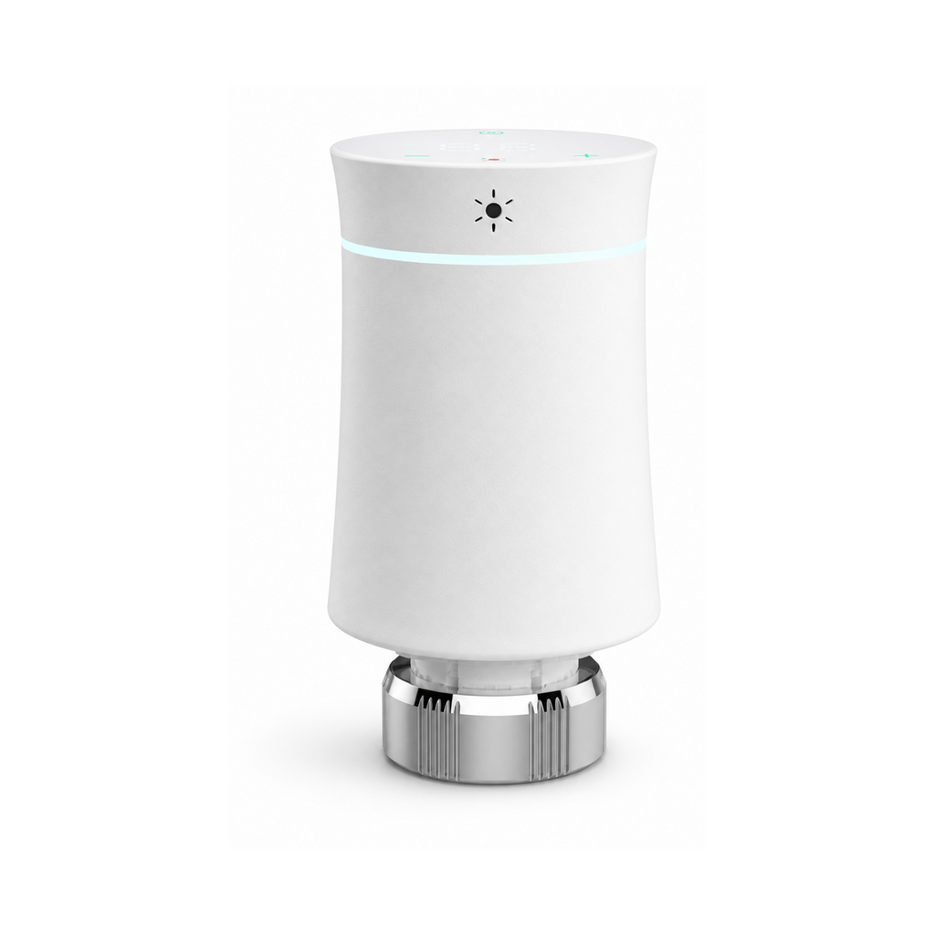 Vanne thermostatique NéoSoft Curve Comfort blanc pur vue arrière sur fond studio blanc
