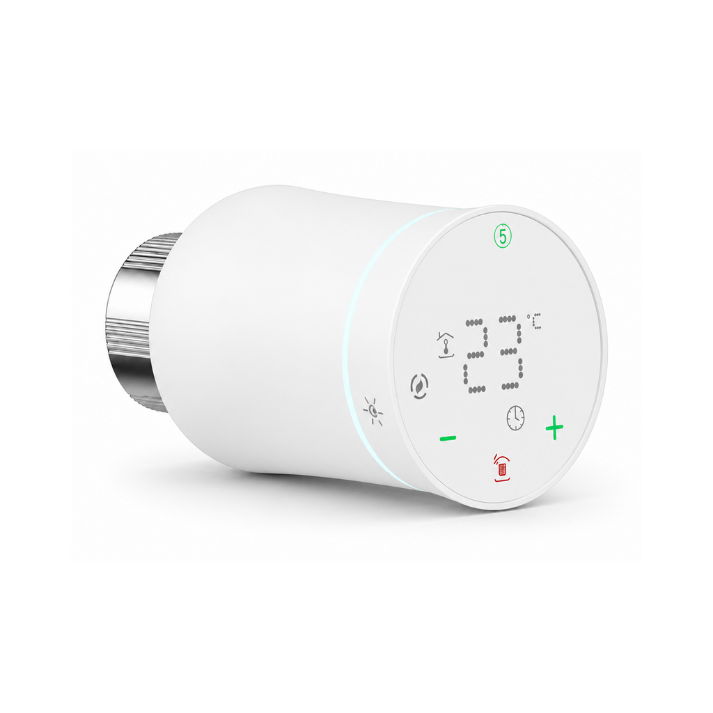 Vanne thermostatique NéoSoft Curve Comfort blanc pur vue de face sur fond studio blanc