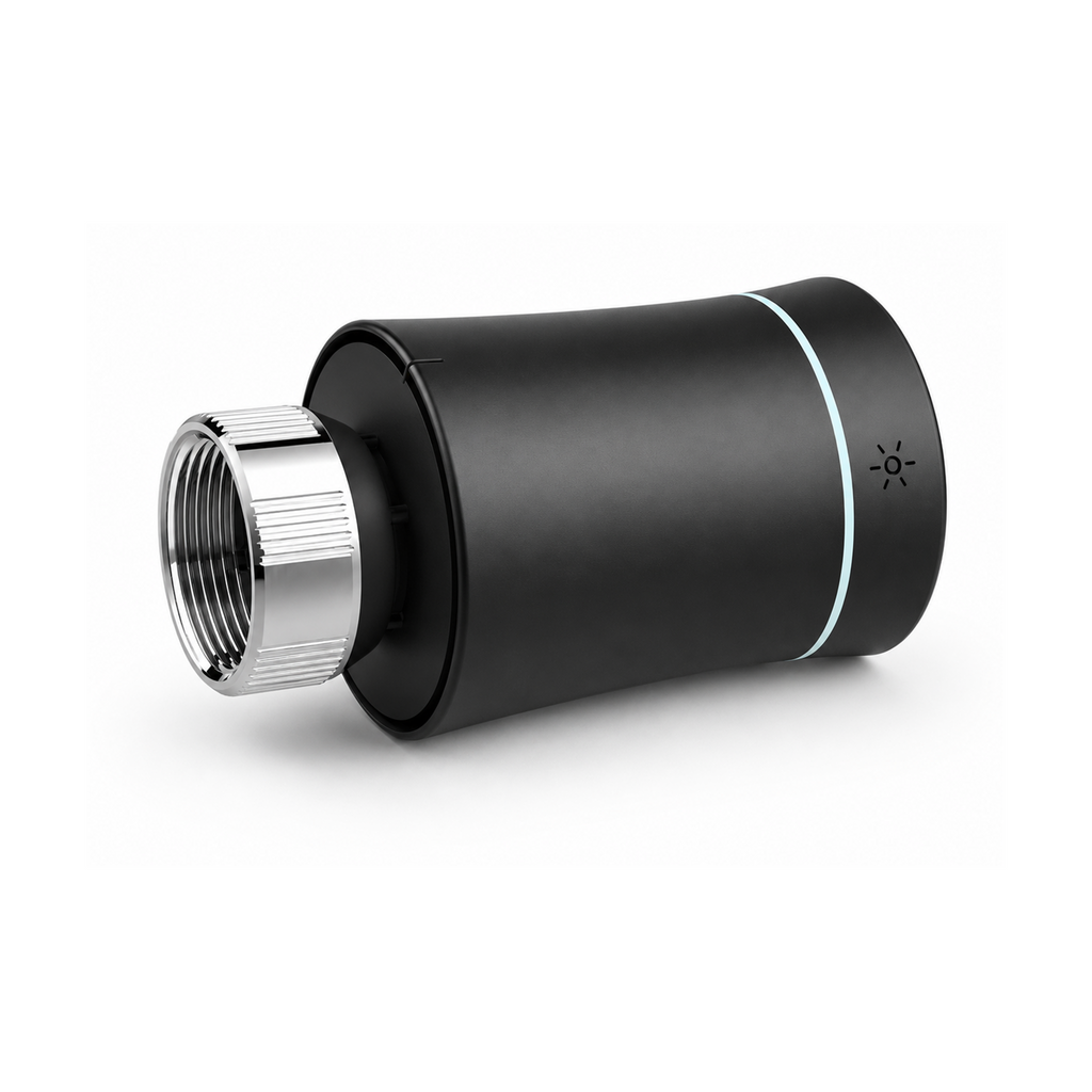 Vanne thermostatique NéoSoft Curve Comfort noir absolu vue de côté sur fond studio blanc