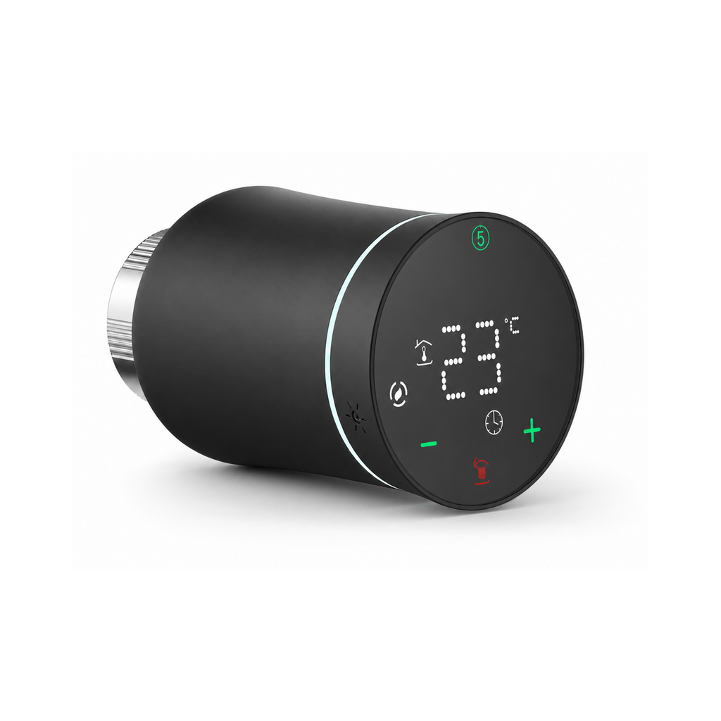 Vanne thermostatique NéoSoft Curve Comfort noir absolu vue de face sur fond studio blanc