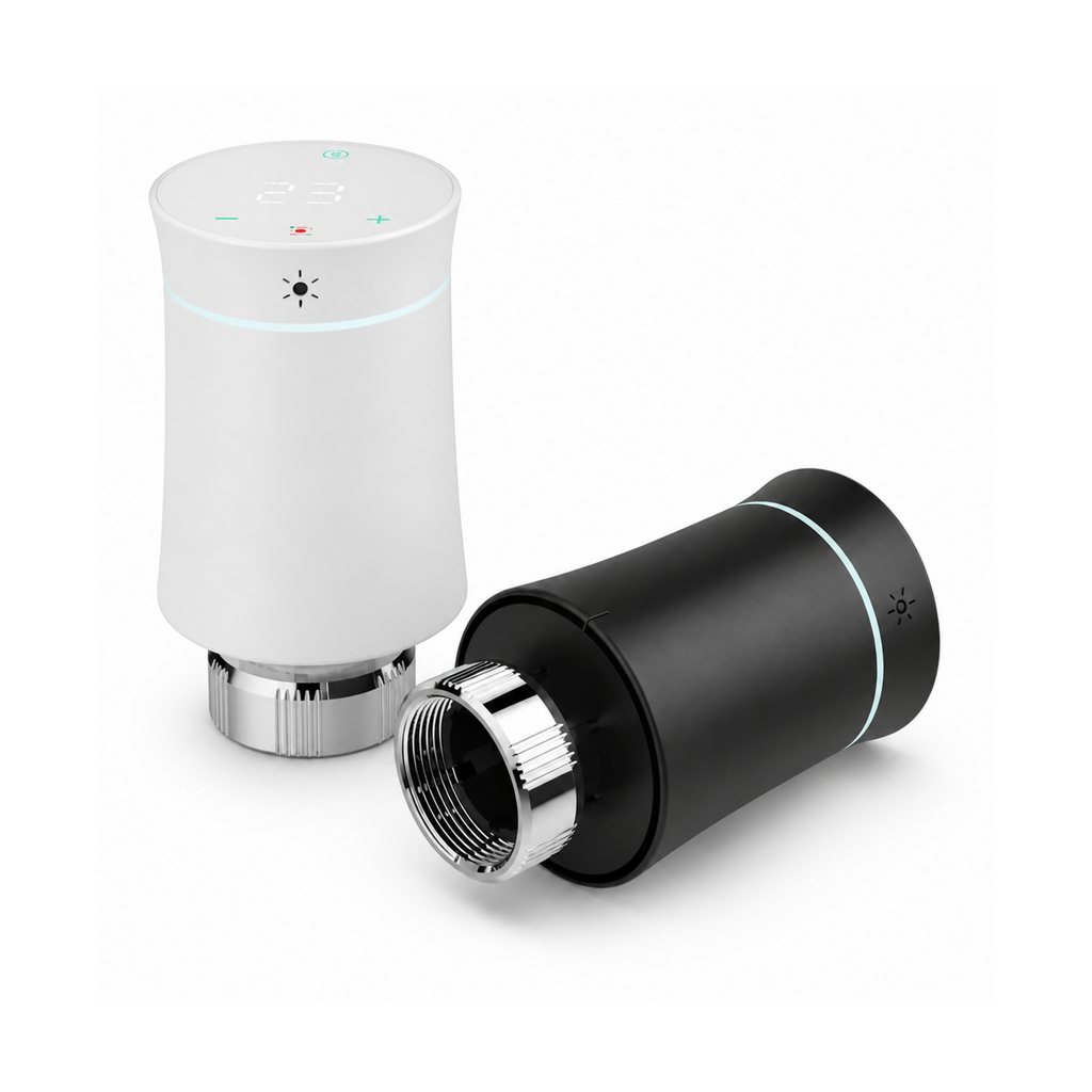 Vannes thermostatiques NéoSoft Curve Comfort blanc pur et noir absolu sur fond studio blanc