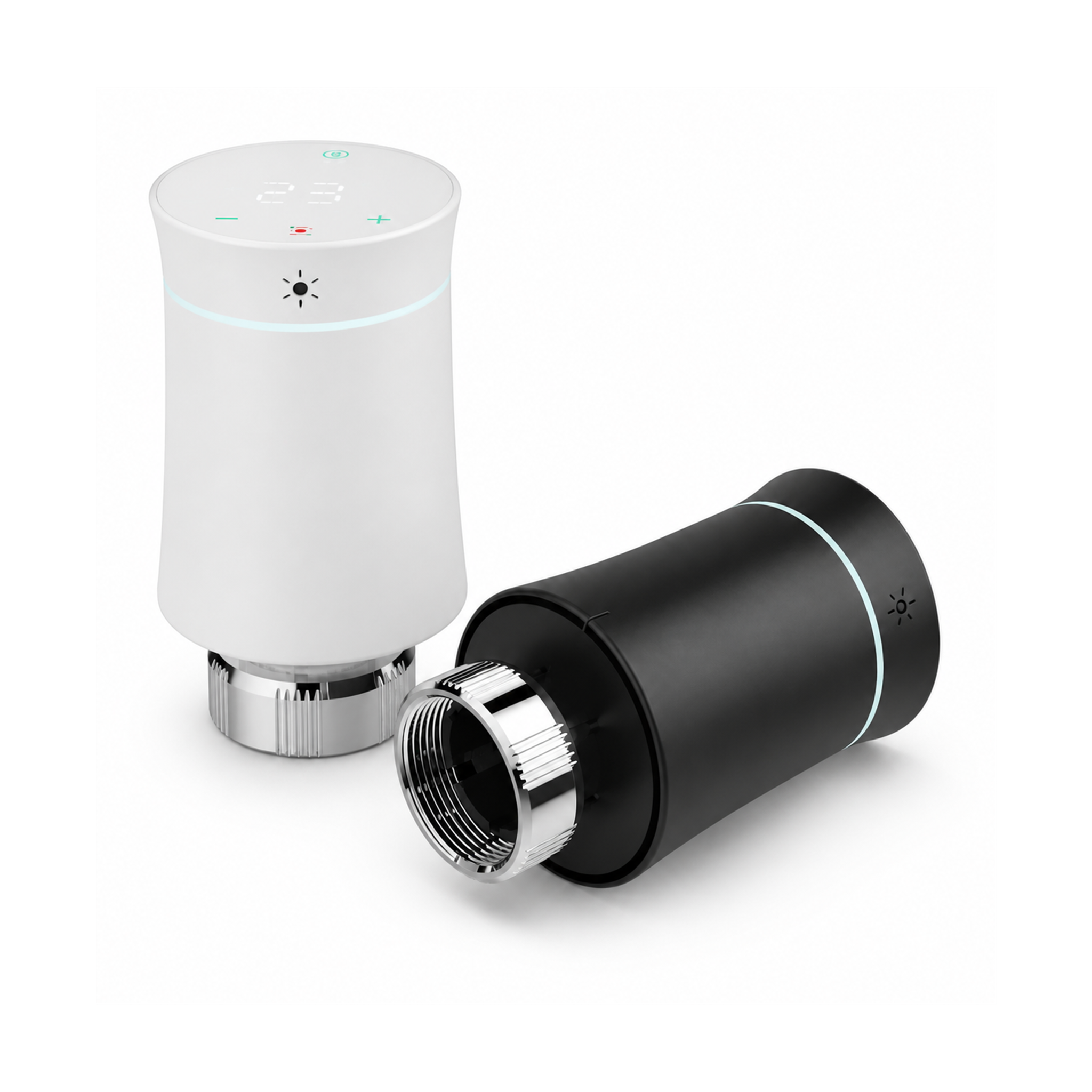 Vannes thermostatiques NéoSoft Curve Comfort blanc pur et noir absolu sur fond studio blanc