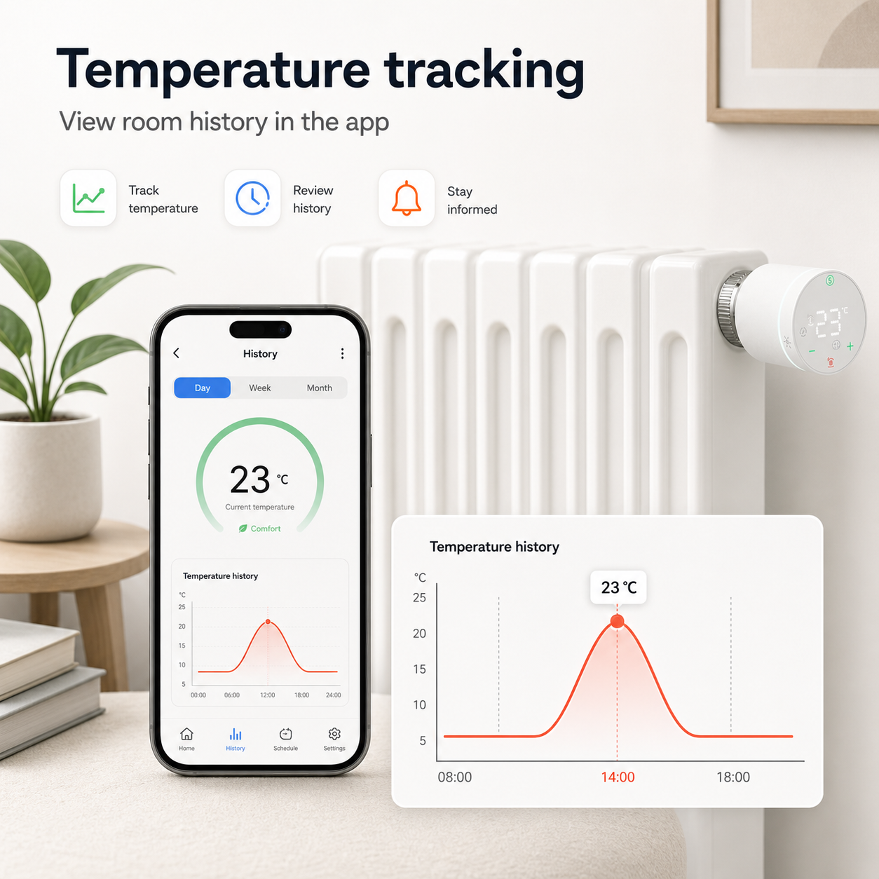 Temperature tracking app graphic for smart thermostatic radiator valve