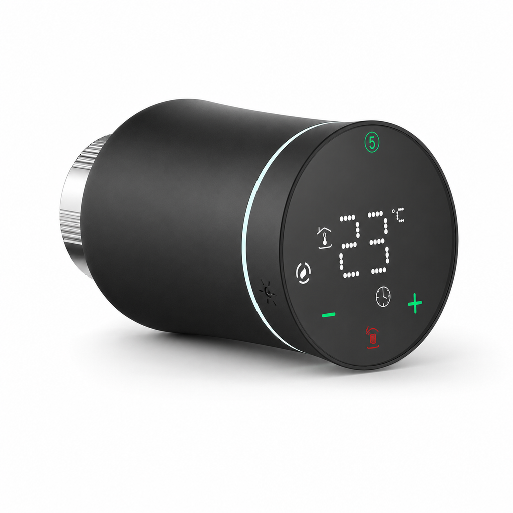 Black smart thermostatic radiator valve with LED temperature display