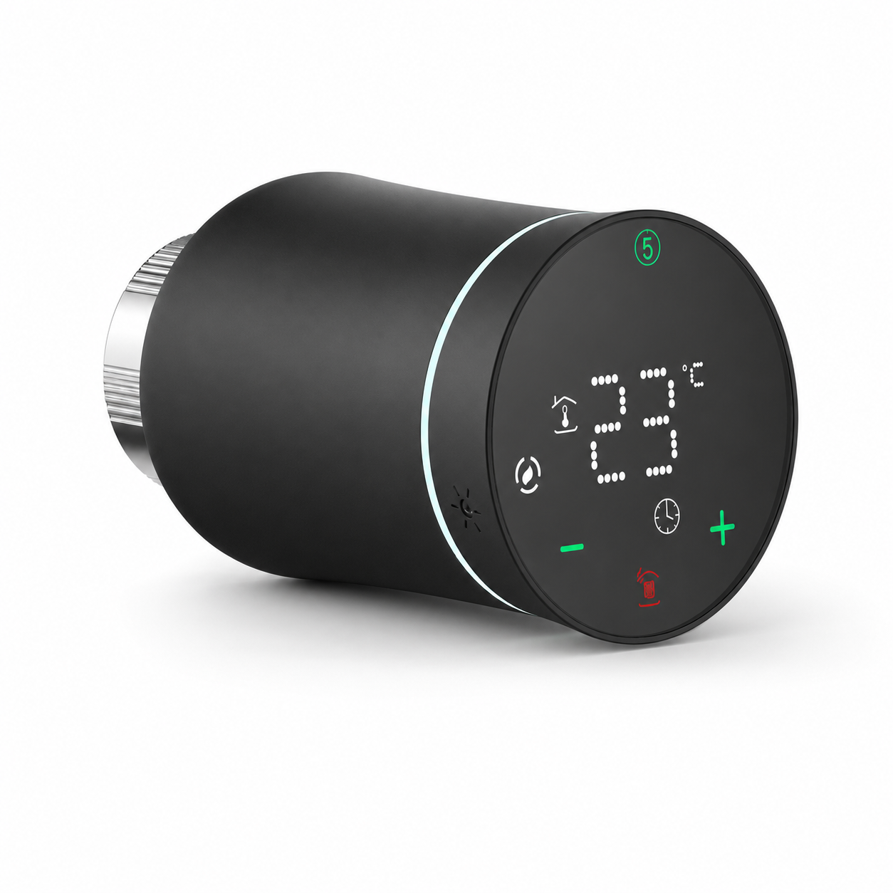Black smart thermostatic radiator valve with LED temperature display