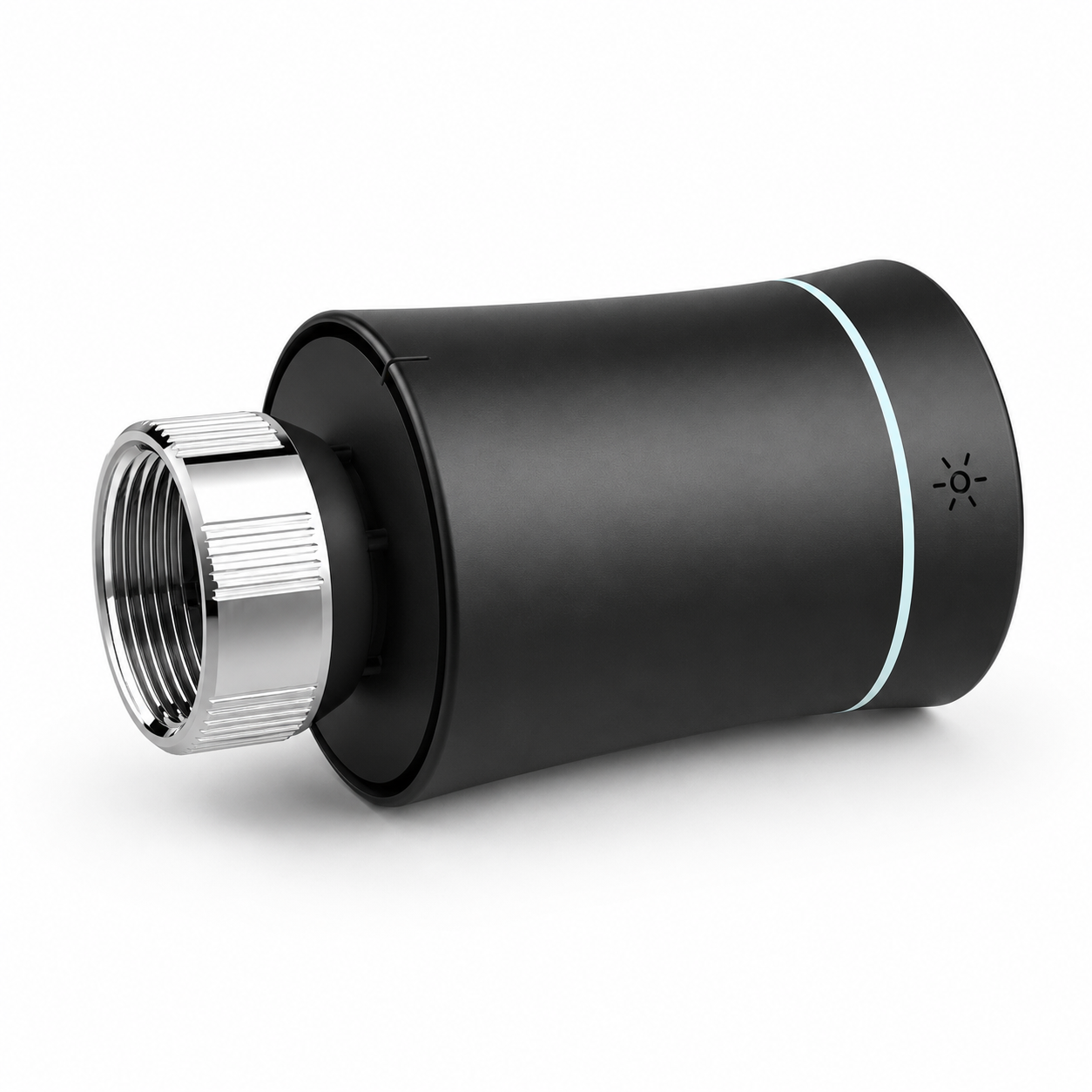 Side view of black thermostatic radiator valve showing metal M30 thread connector