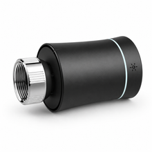 Side view of black thermostatic radiator valve showing metal M30 thread connector