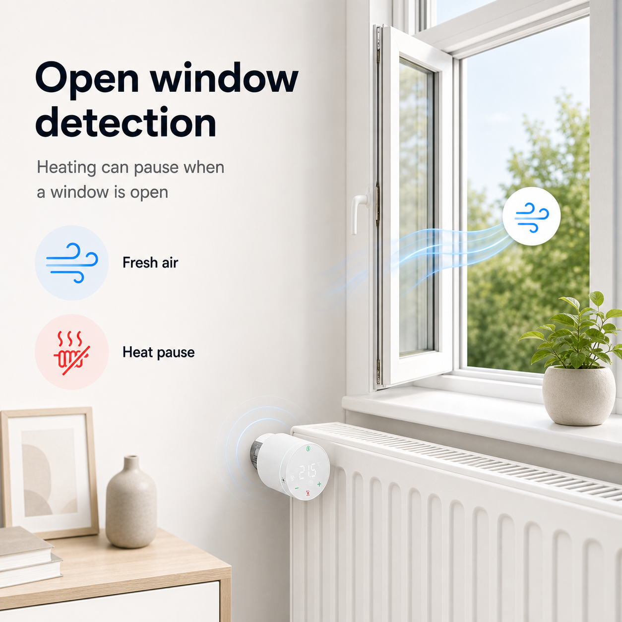 Open window detection scene with smart thermostatic valve on radiator