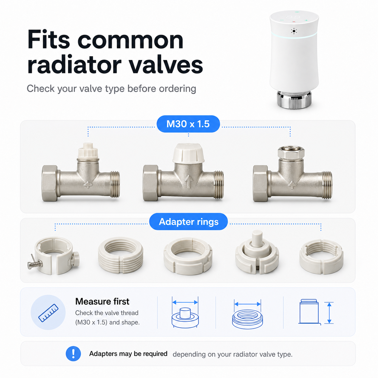 Compatibility graphic showing radiator valve adapters and M30 x 1.5 thread