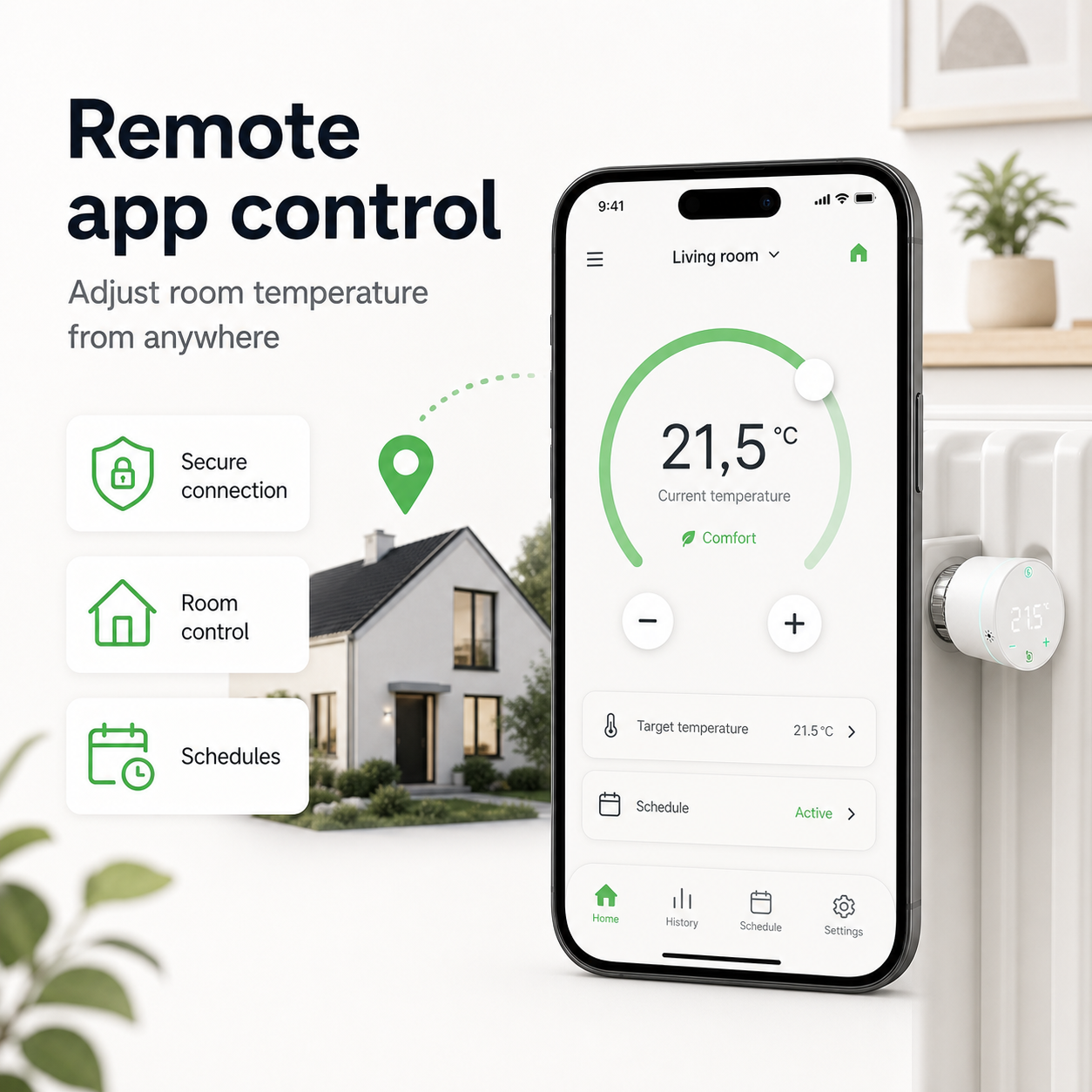 Remote app control graphic showing room temperature adjustment