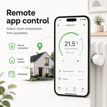 Remote app control graphic showing room temperature adjustment