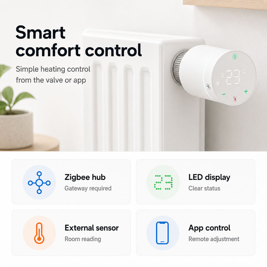 Feature graphic for smart comfort control, LED display, external sensor and app control