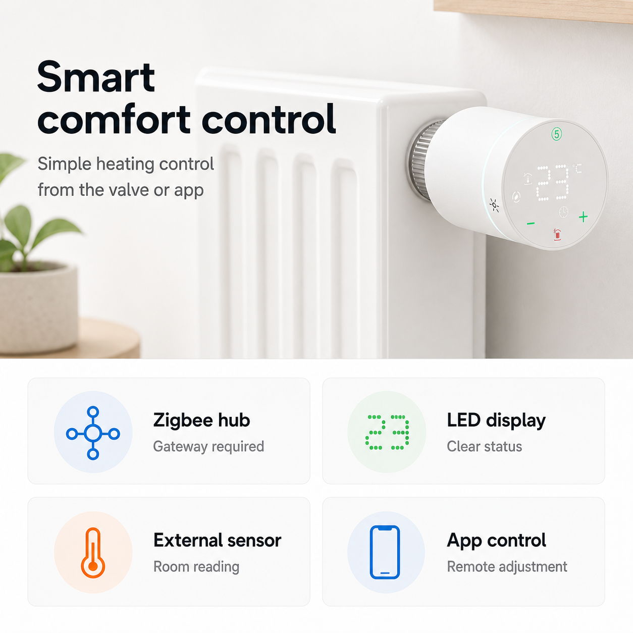 Feature graphic for smart comfort control, LED display, external sensor and app control
