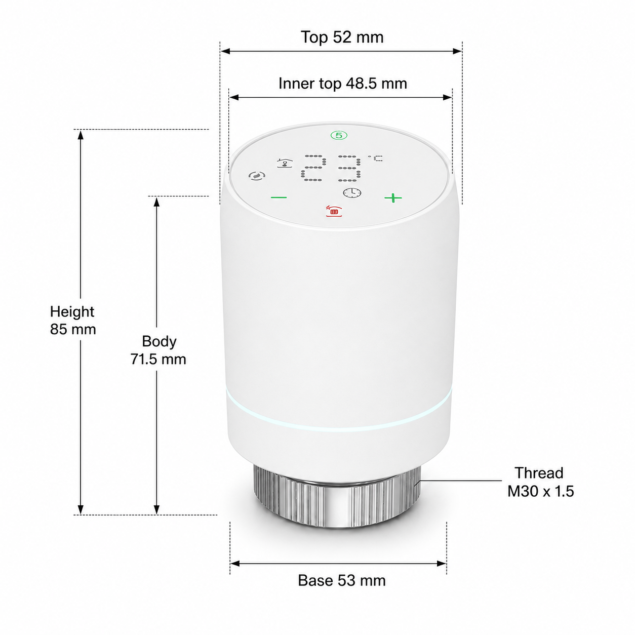 Dimension diagram for smart thermostatic radiator valve with M30 x 1.5 thread
