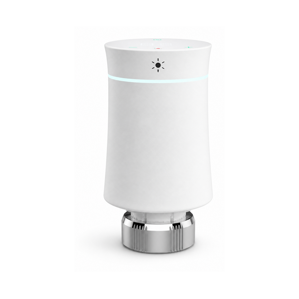 Vanne thermostatique NéoSoft Curve Comfort blanc pur vue arrière sur fond studio blanc