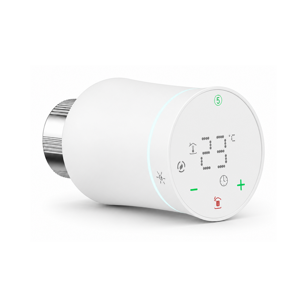 Vanne thermostatique NéoSoft Curve Comfort blanc pur vue de face sur fond studio blanc