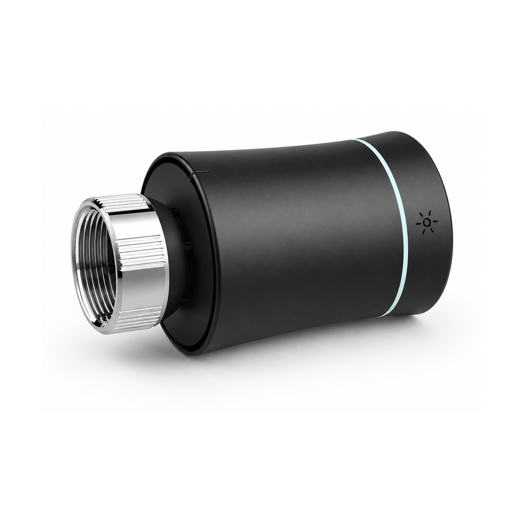 Vanne thermostatique NéoSoft Curve Comfort noir absolu vue de côté sur fond studio blanc