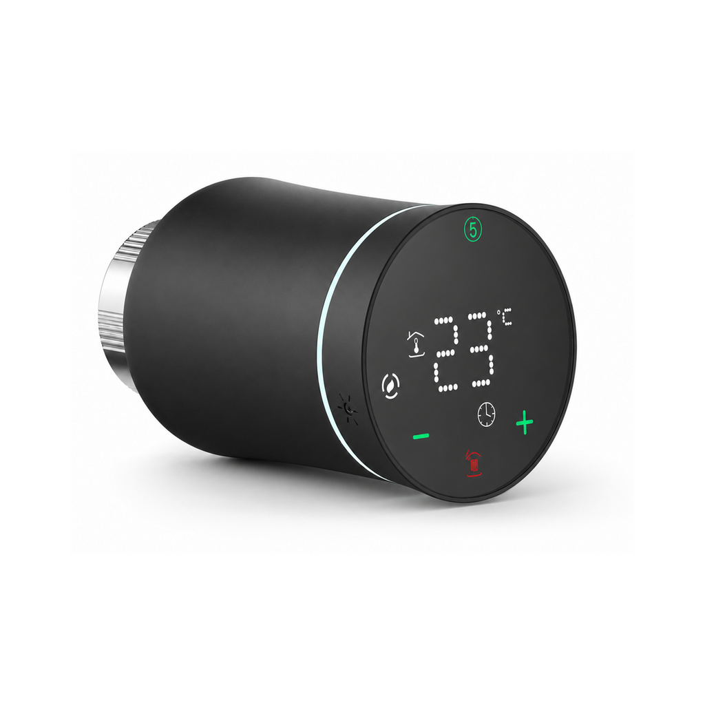 Vanne thermostatique NéoSoft Curve Comfort noir absolu vue de face sur fond studio blanc