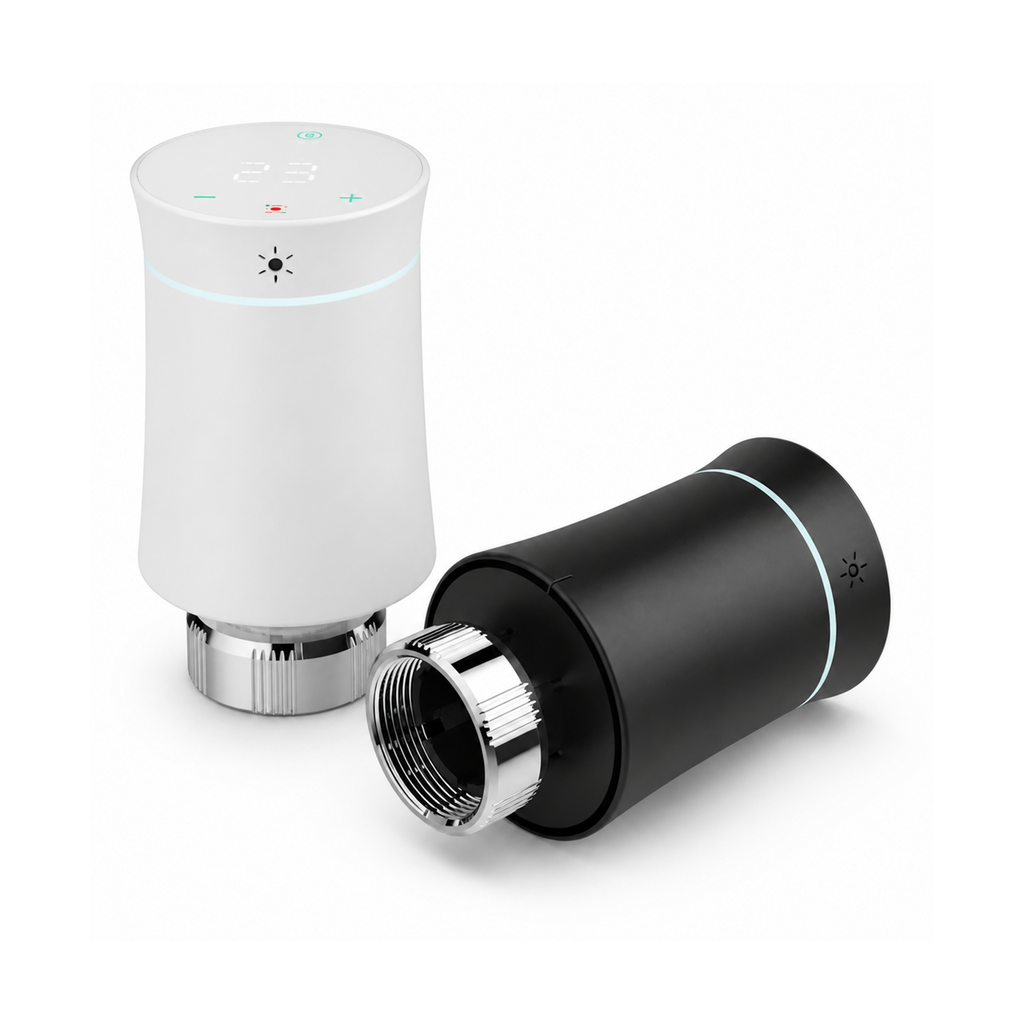 Vannes thermostatiques NéoSoft Curve Comfort blanc pur et noir absolu sur fond studio blanc