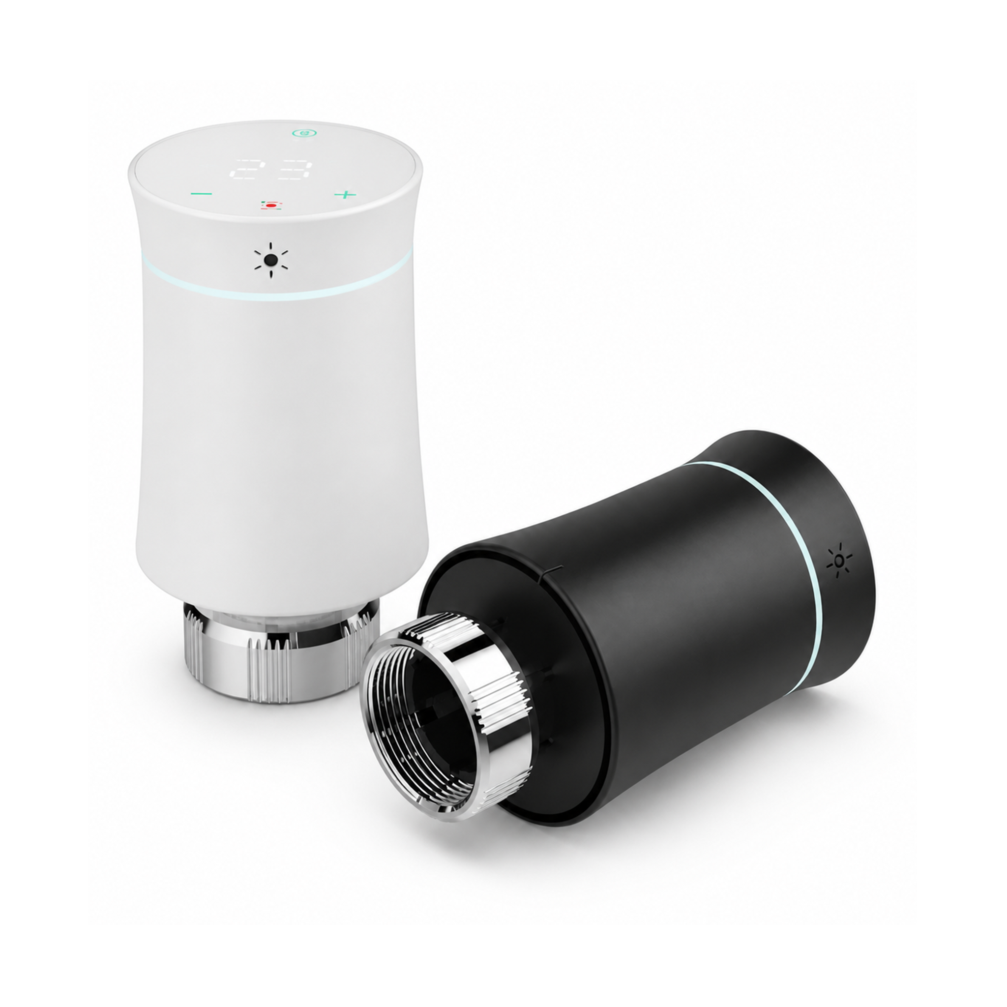 Vannes thermostatiques NéoSoft Curve Comfort blanc pur et noir absolu sur fond studio blanc