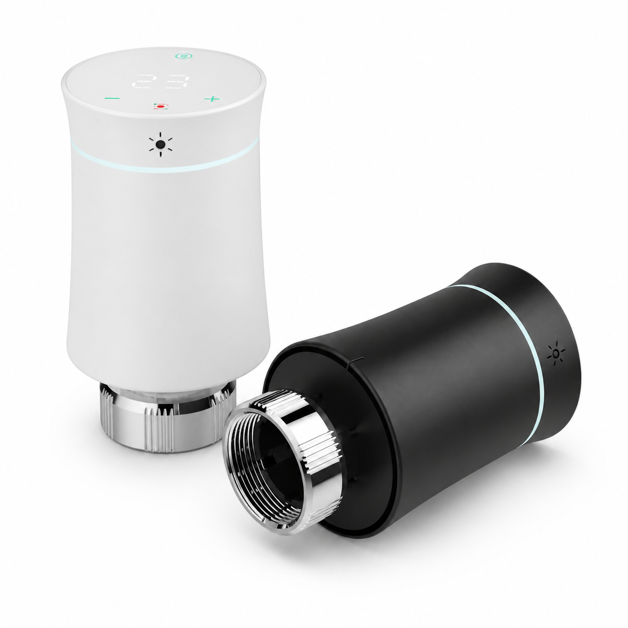Studio packshot of white and black smart thermostatic radiator valves with metal connectors