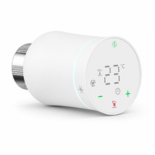 White smart thermostatic radiator valve with LED display and metal connector